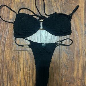SHEIN Black Smocked Bandeau Bikini Set